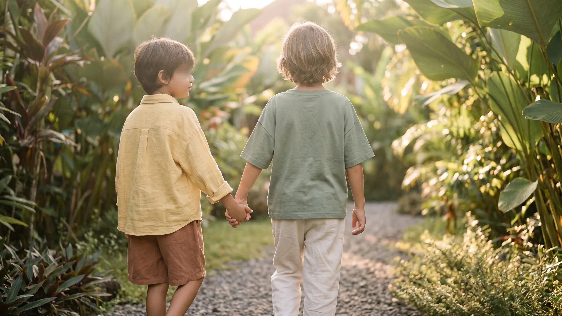 Two children walk hand in hand down a sunlit garden path, one in a butter linen shirt and clay shorts, the other in a sage tee and ecru trousers.