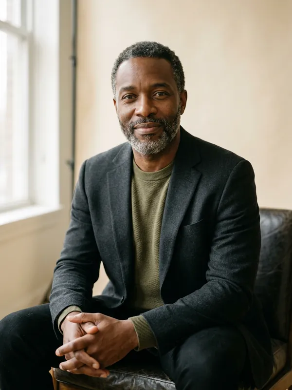 Marcus Bell, a man in his late forties with a salt-and-pepper beard, calm and assured.