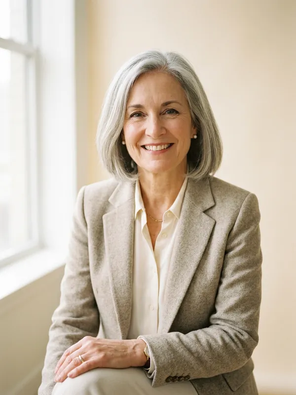 Eleanor Voss, a woman in her late fifties with a silver bob, smiling warmly.