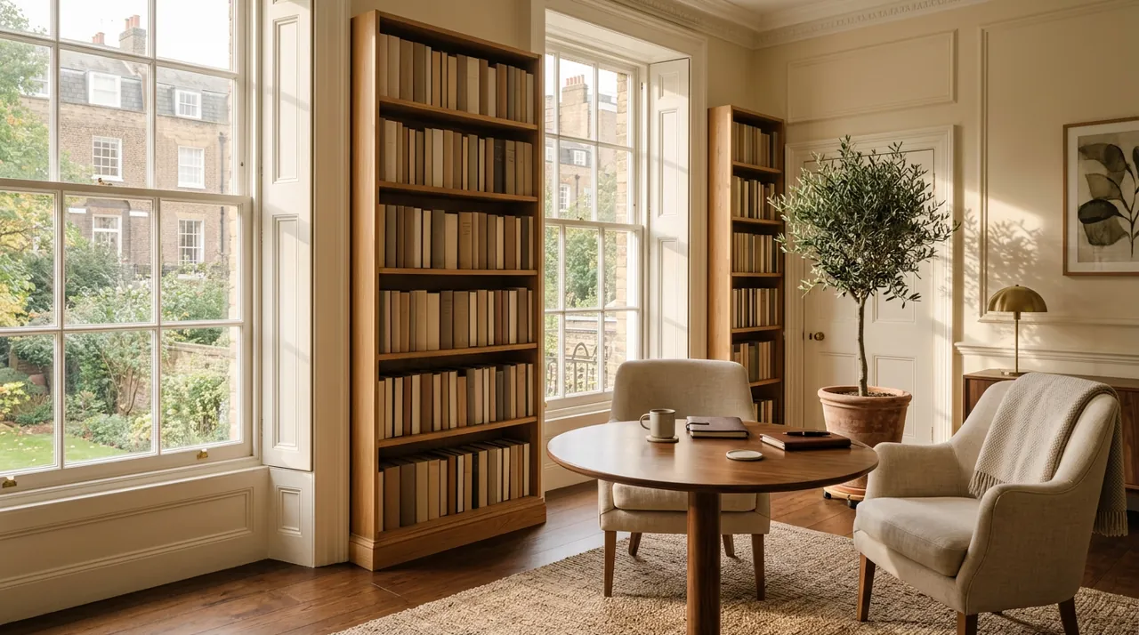 A warm office with tall windows, oak shelves, and linen armchairs around a round table.