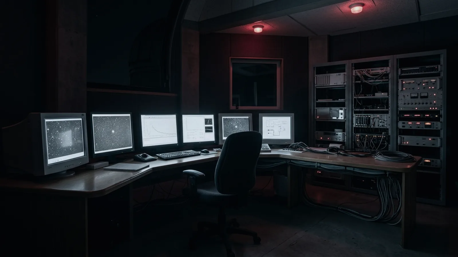 An observatory control room at night: a curved desk of monitors showing faint plots and star fields, lit only by red overhead lamps.