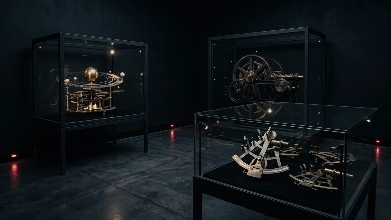 A darkened gallery of astronomical instruments, with brass sextants and a clockwork orrery lit from inside glass cases.
