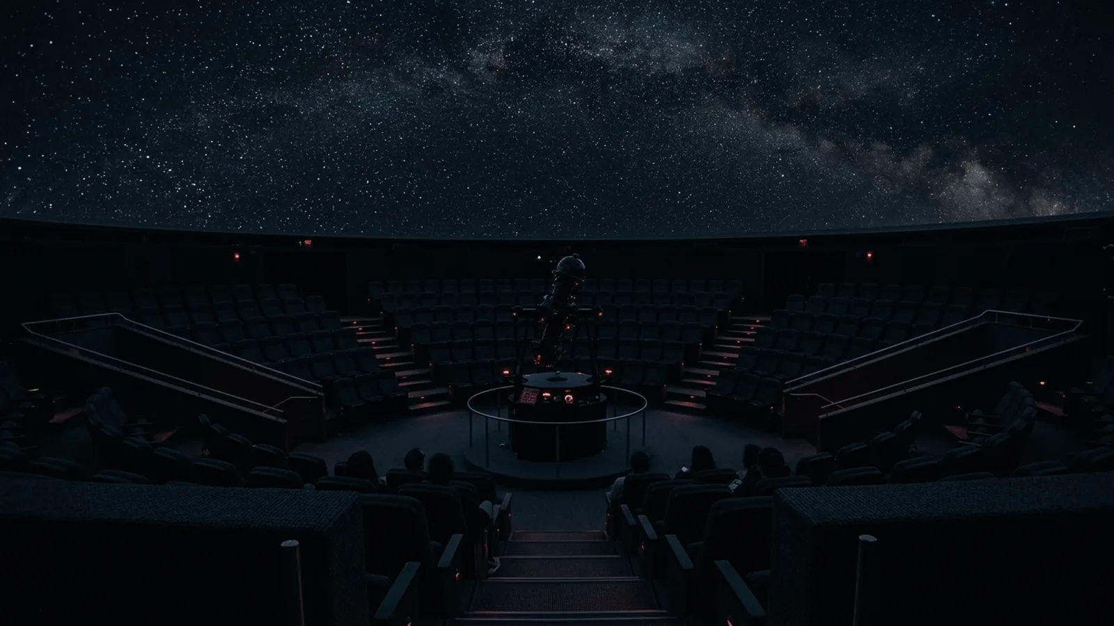 The interior of a planetarium theatre during a show: a projected star field filling the dome above tiered rows of reclined seating, with a star projector at the centre of the floor.
