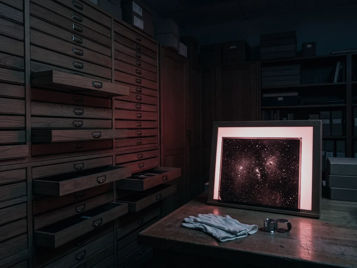 A photographic plate archive: a wall of shallow wooden drawers partly open, with a large glass plate of a dense star field standing lit on a light box beside cotton gloves and a loupe.