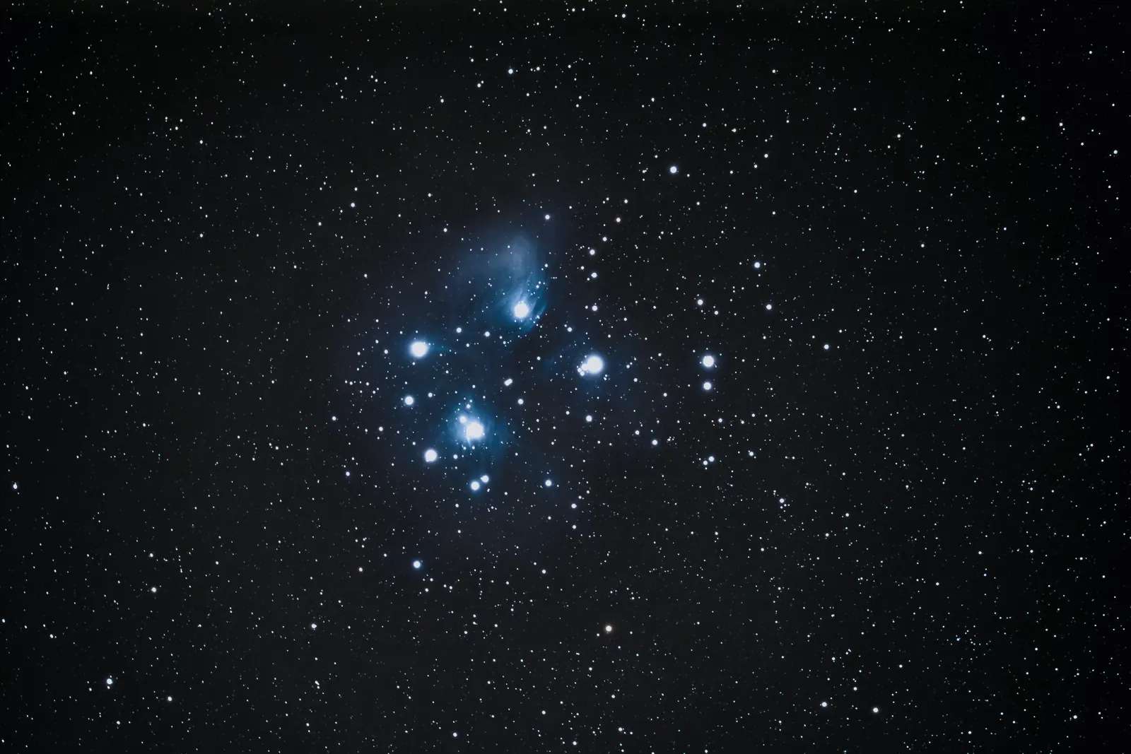 The Pleiades star cluster: a tight knot of blue-white stars wrapped in faint nebulosity against a dense field of fainter stars.