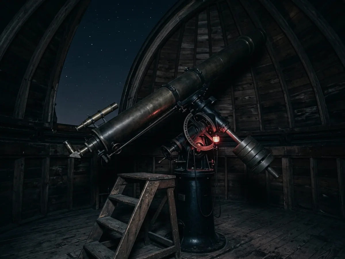 A large brass and cast-iron refracting telescope from 1908 inside a wooden dome, angled upward on an equatorial mount with stacked counterweights and a wooden observing ladder.