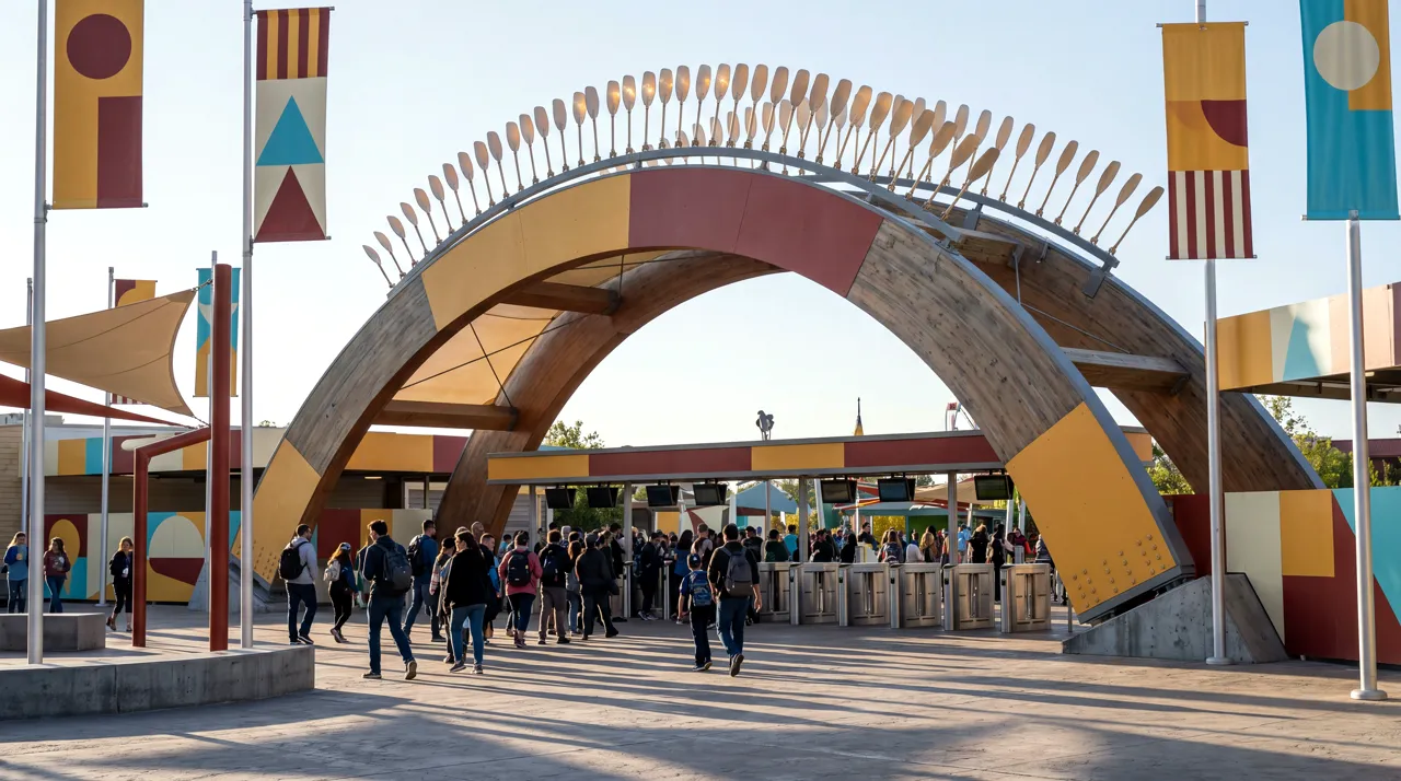 The WONDERYARD gate at morning: a huge timber arch crested with a wave of kinetic paddles, crowds streaming through the turnstiles beneath.