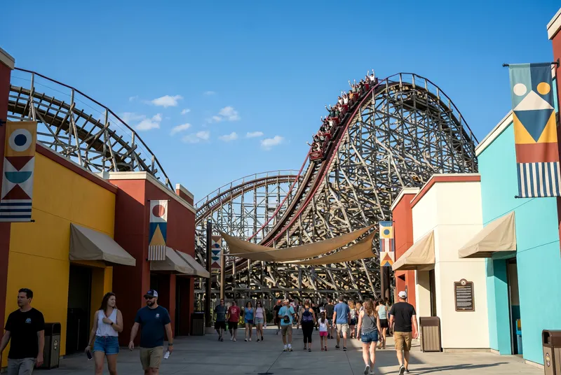 Loosetooth's timber lattice and red steel track diving through its own structure, seen from the Tilt district street.
