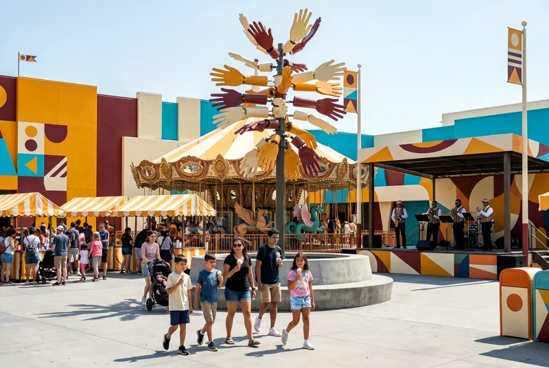 The Yard plaza: the Hundredhand tower of painted steel hands above a carousel, striped canopies and a brass band on the bandstand.