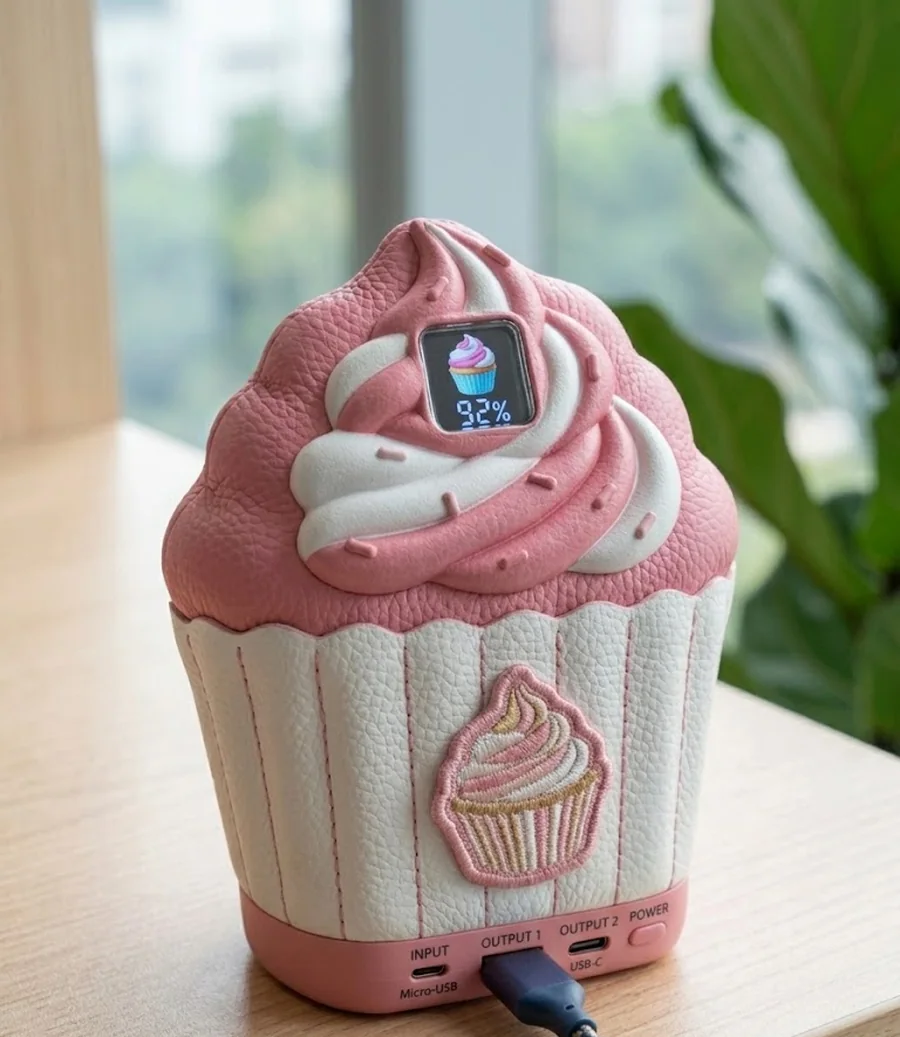 The Cupcake power bank standing upright: a moulded pink-and-white frosting swirl over a fluted case, with a small colour screen reading 92 percent.