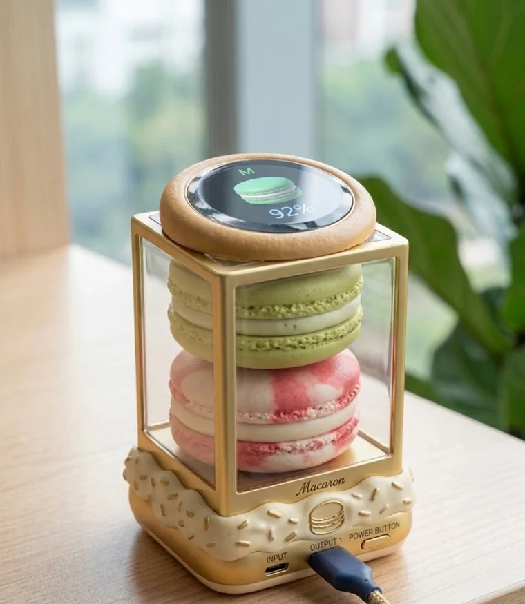 The Macaron special edition: three macarons stacked inside a brass-framed glass case, with a round screen on top reading 92 percent.