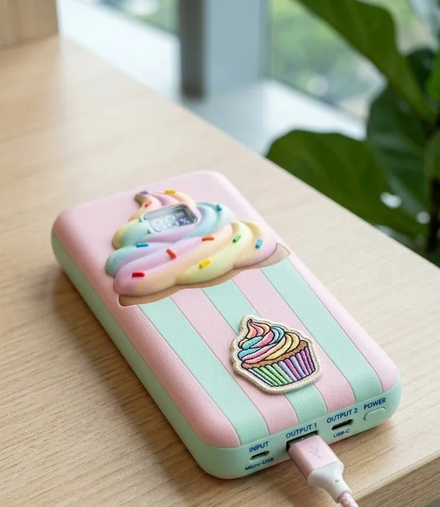 The Cupcake power bank lying flat in the Matcha colorway: mint and pink stripes with a rainbow cupcake patch.