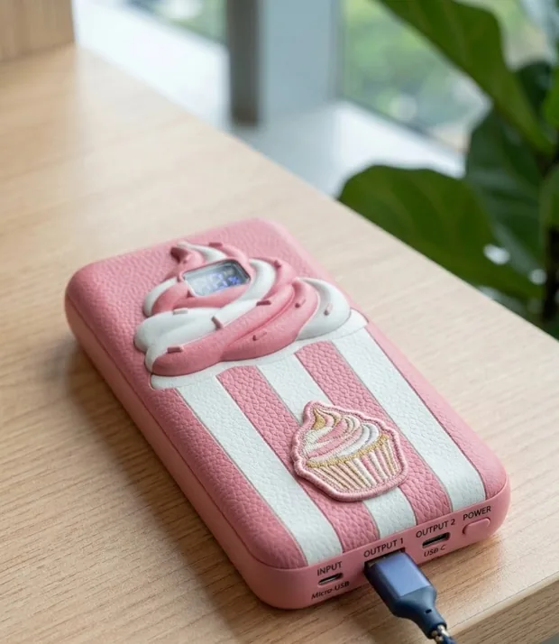 The Cupcake power bank lying flat in the Vanilla colorway: pink and white stripes with an embroidered cupcake patch.