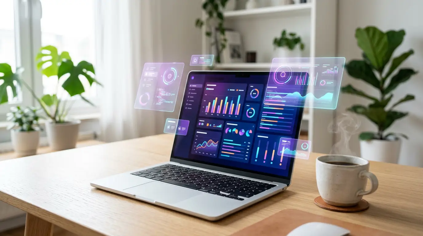 A laptop on a bright desk running the PULSE analytics dashboard, surrounded by floating interface panels.