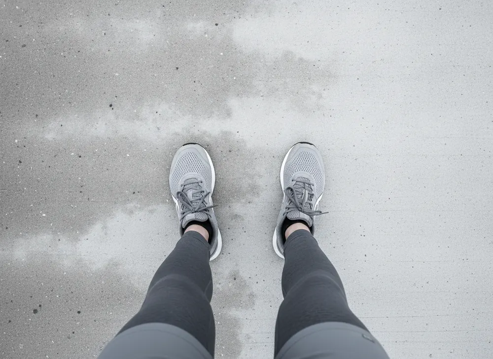 Looking straight down at grey running shoes on wet pale asphalt, ready to start.