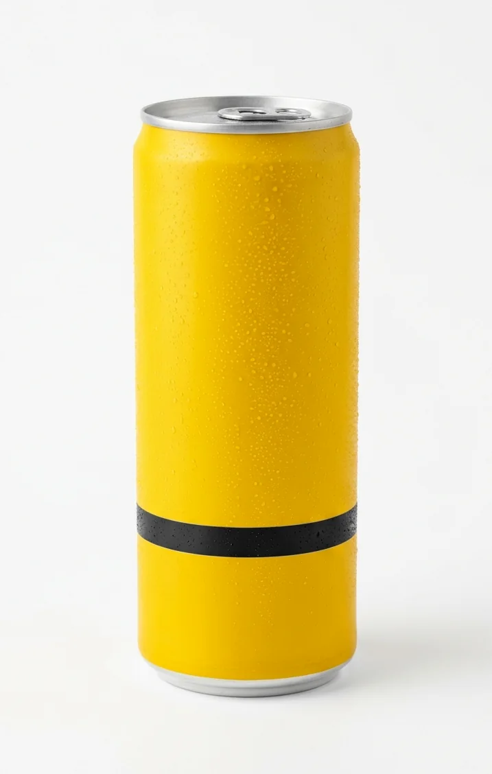 A slim unlabelled soda can on a white studio background.