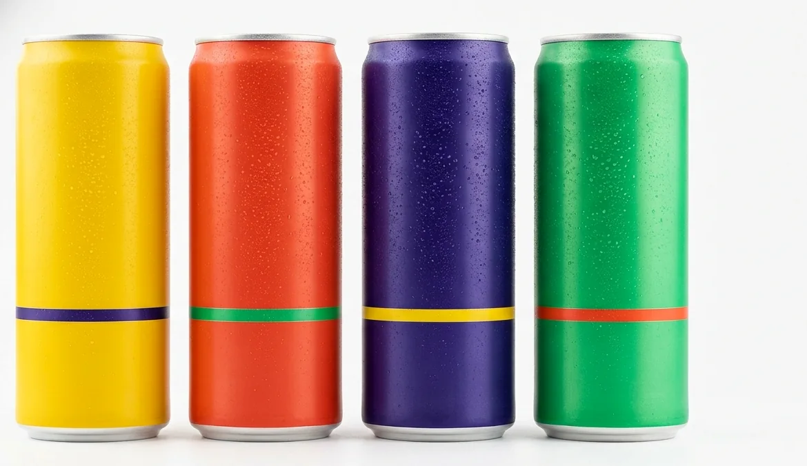 Four slim unlabelled cans in a row on a white studio background: yellow with an indigo band, red-orange with a green band, indigo with a yellow band, and green with an orange band.