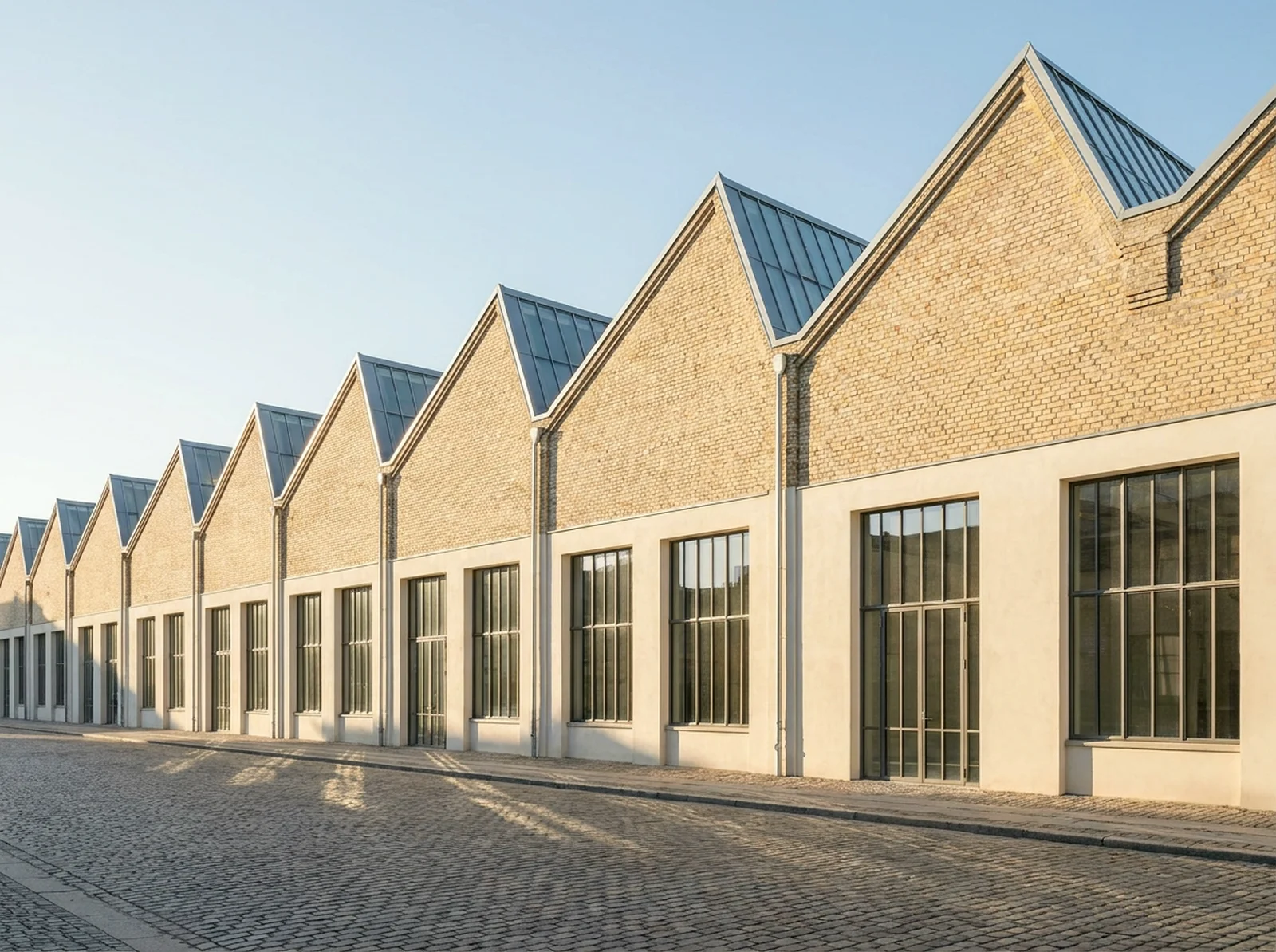 The Lantern Works: a long two-storey former glassworks with a sawtooth roof of north-facing glass and tall steel windows, in low morning sun.