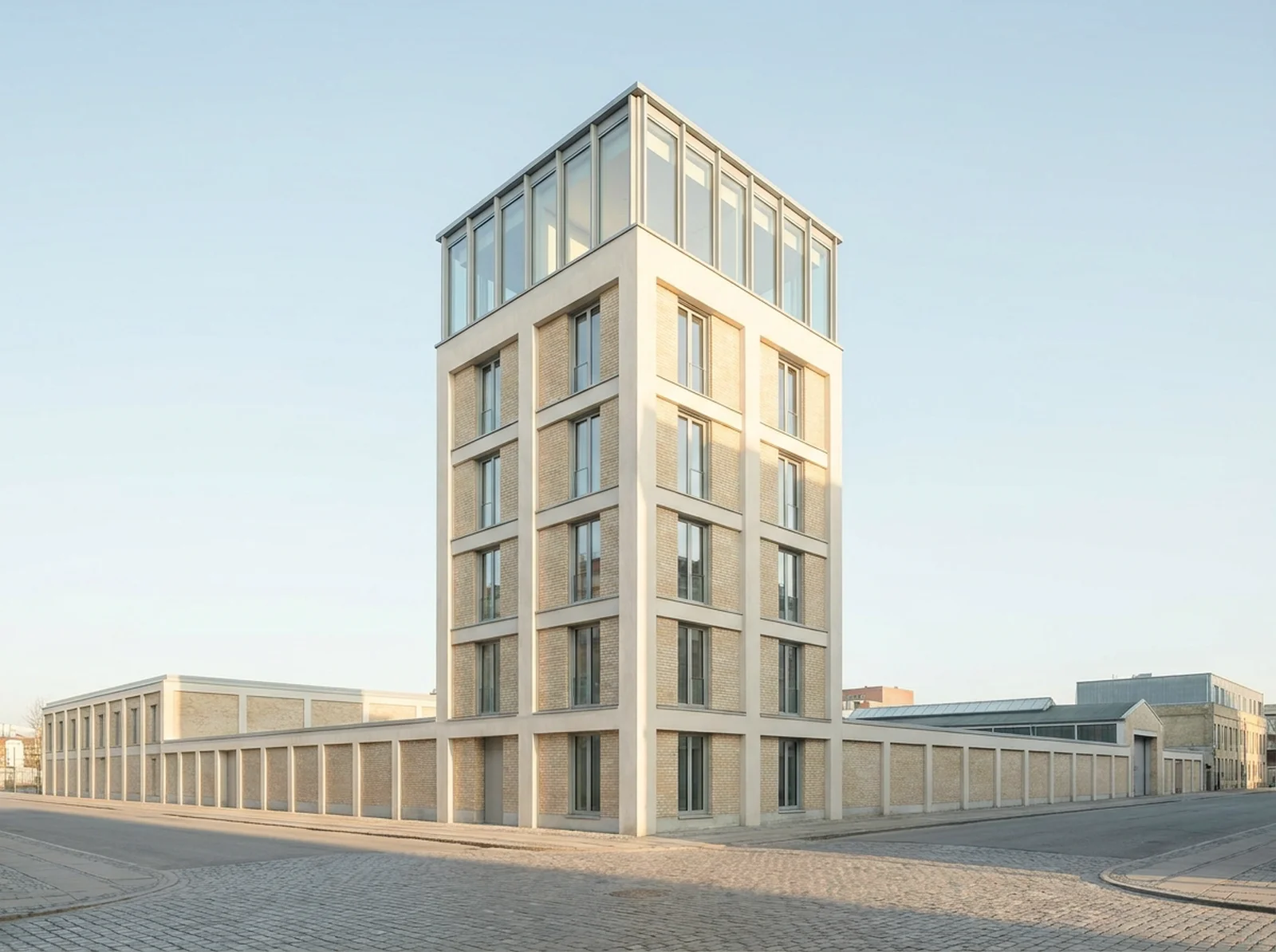 The Signal House: a slender six-storey tower whose top floor is glazed on every side, standing at a street corner in morning light.