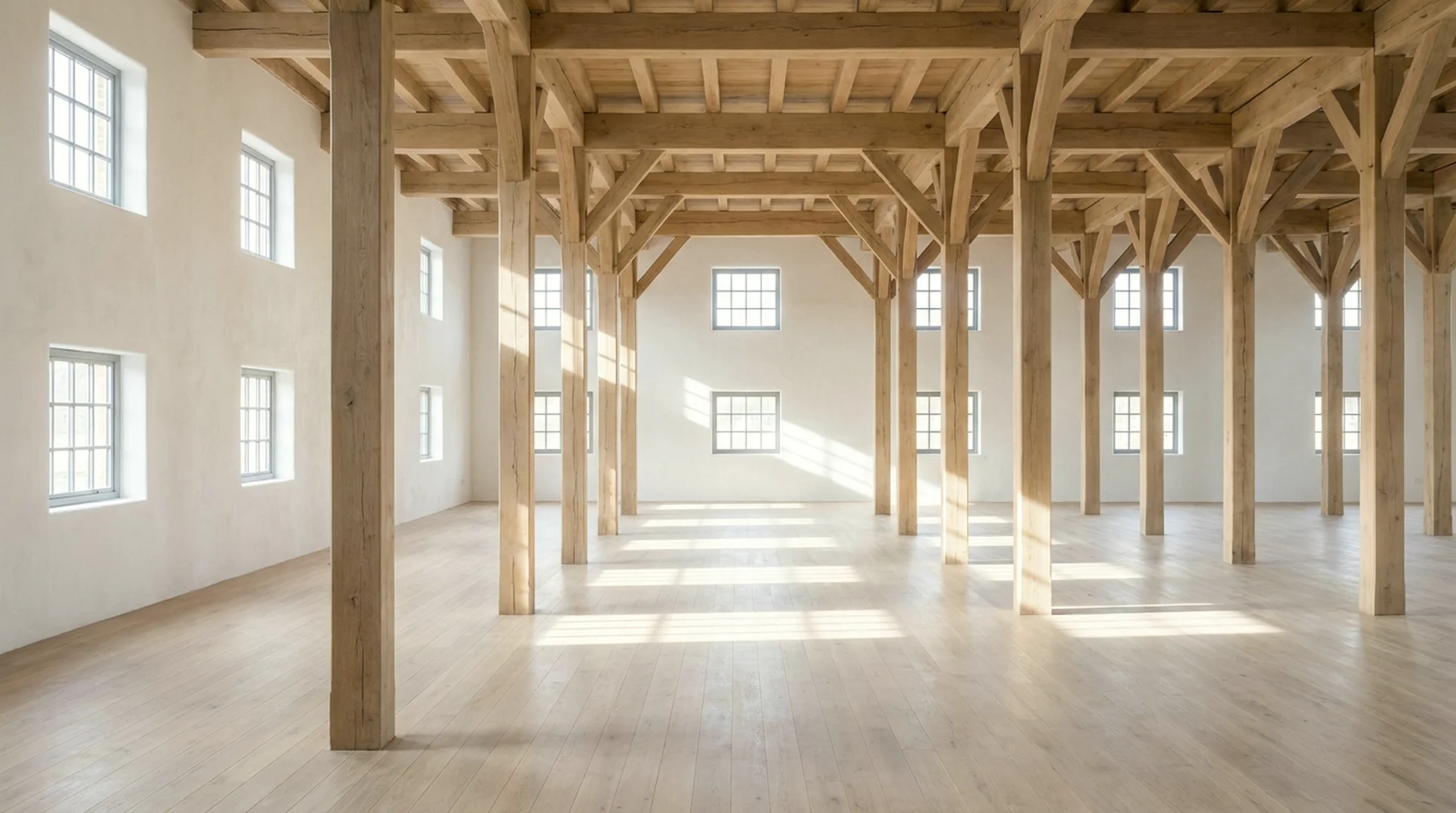 Inside the grain store: a forest of heavy oak columns and beams, grids of sunlight from small-paned windows falling across wide floorboards.
