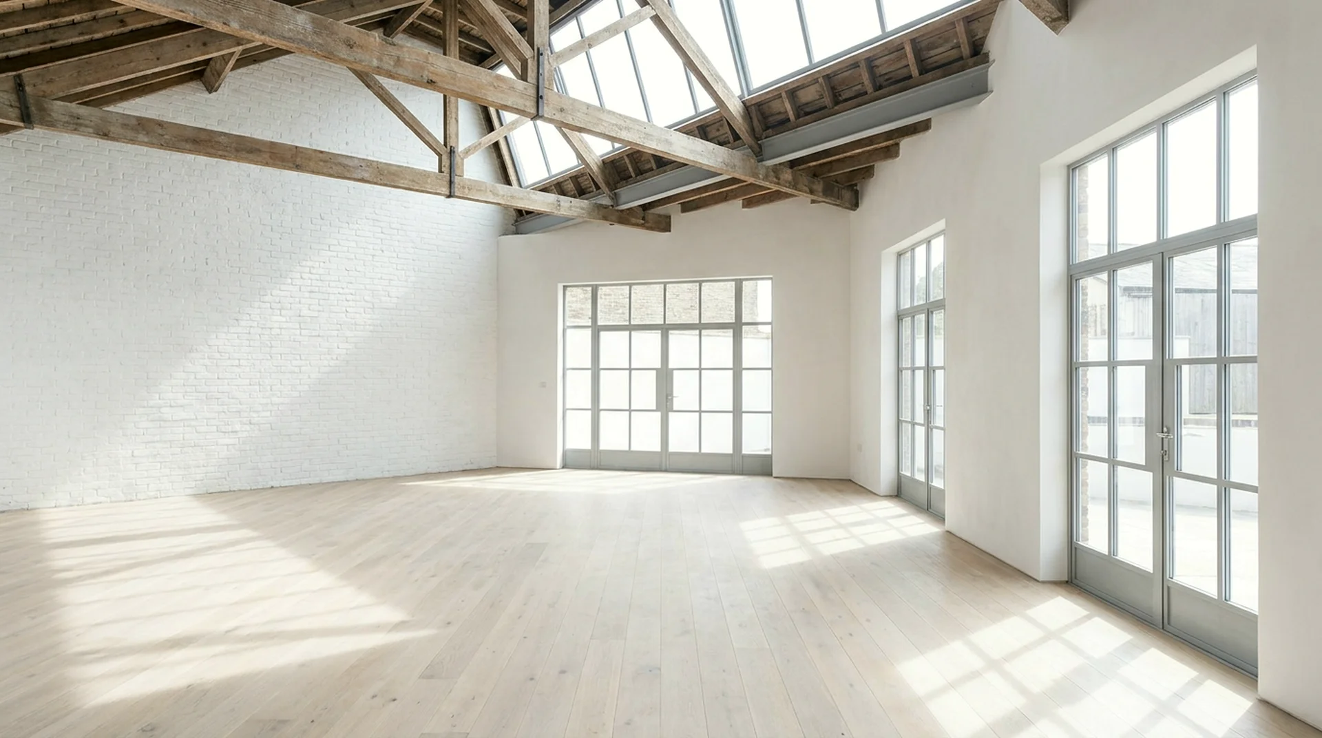 Inside the west hall: sawtooth monitors pour even north light over a wide oak floor, roof trusses overhead.