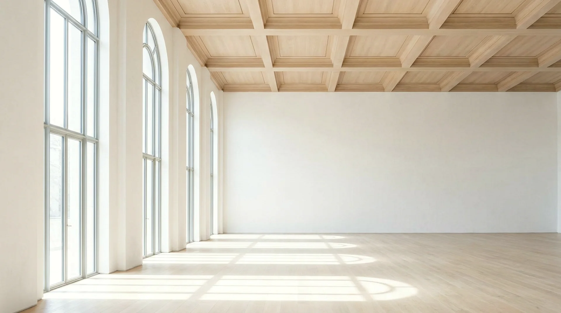 The Meridian Hall's single grand room: tall arched windows throwing long shafts of sun across oak floors under a coffered ceiling.