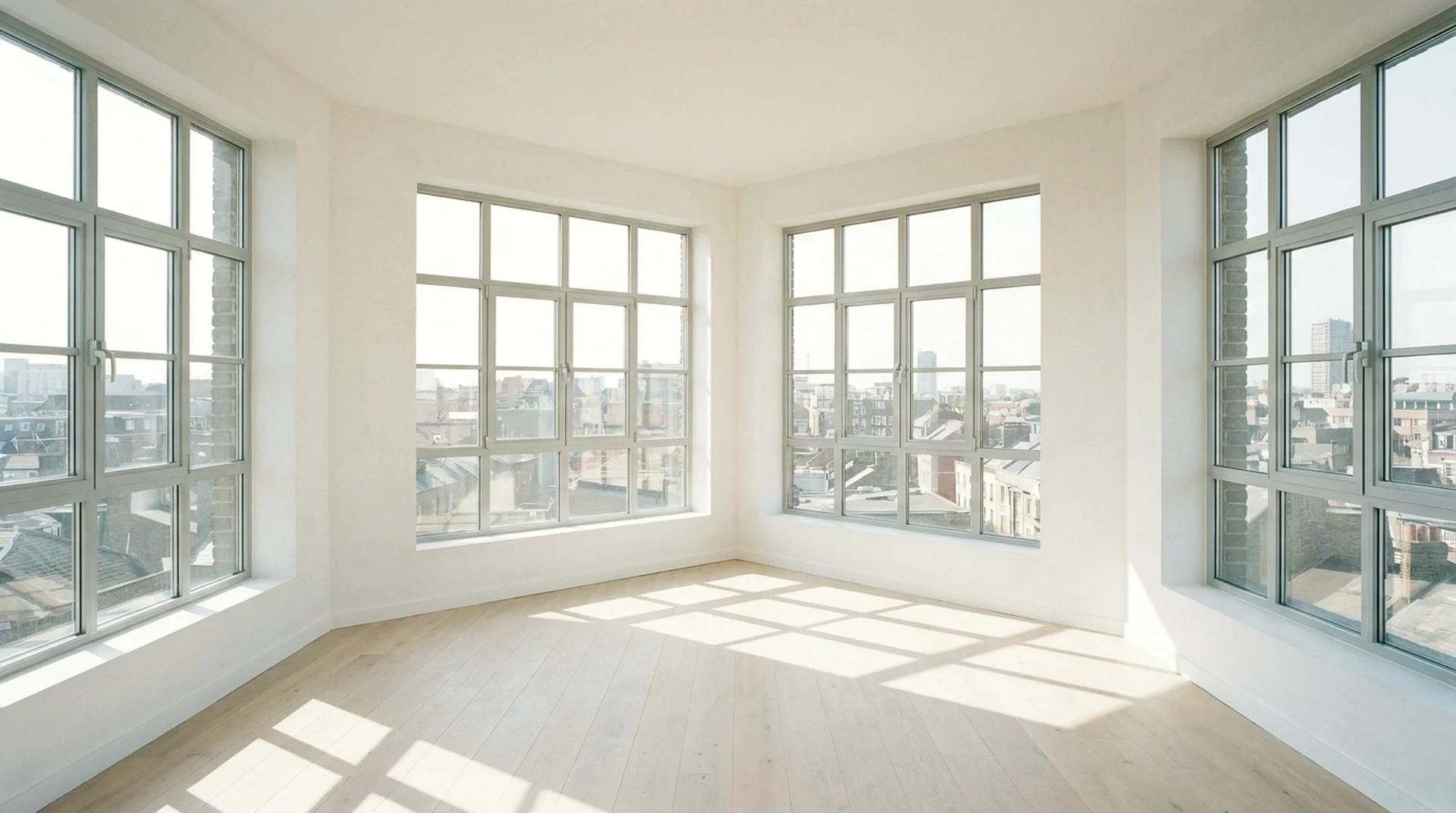Inside the lantern floor: a small square room glazed on every side, city rooftops beyond each window, light entering from all directions.