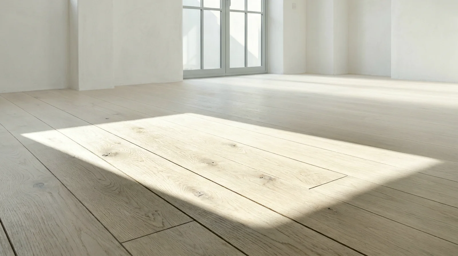 Close view of pale oak floorboards holding a sharp-edged patch of sun.
