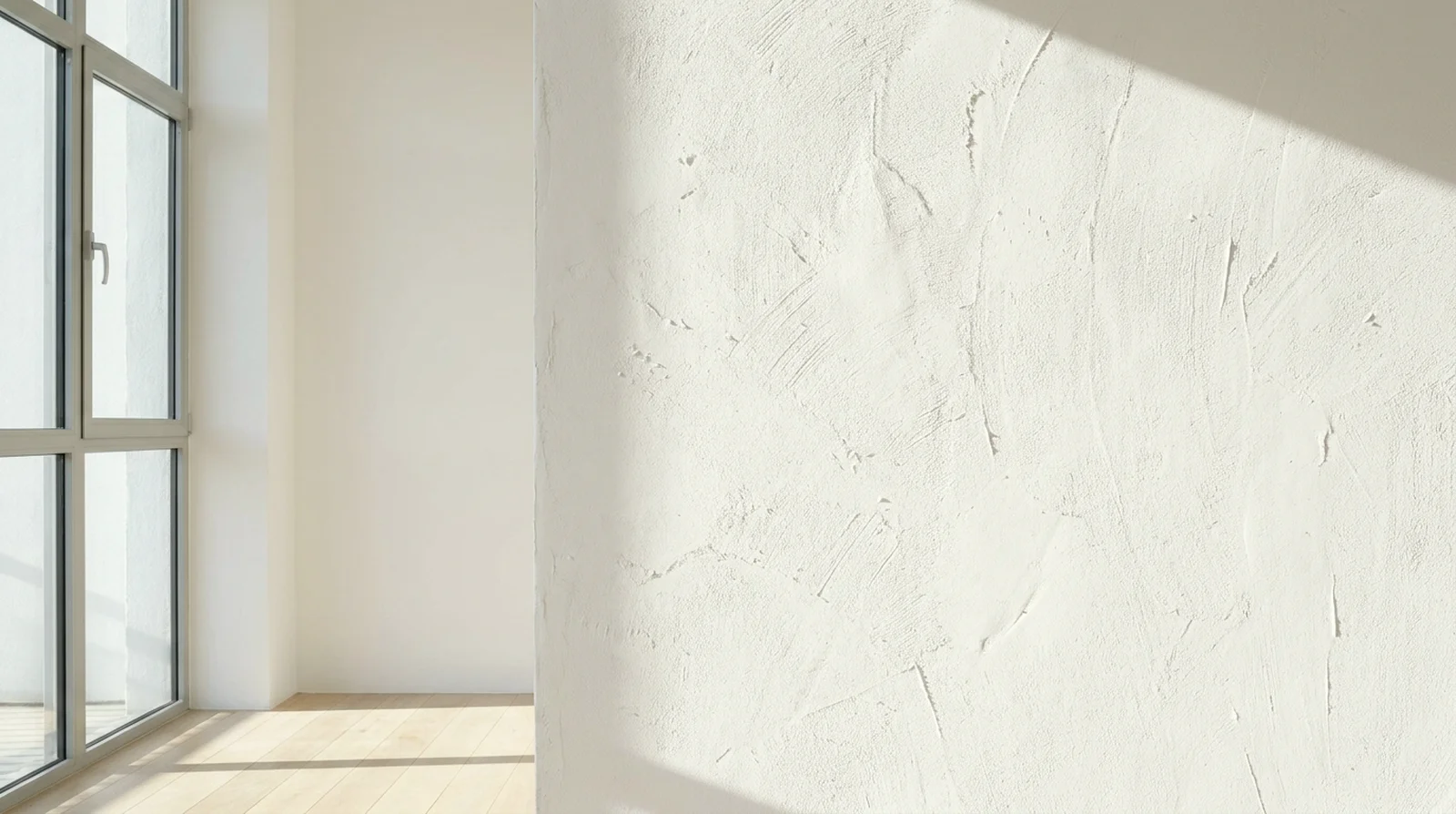 Close view of white lime-washed plaster in raking light.