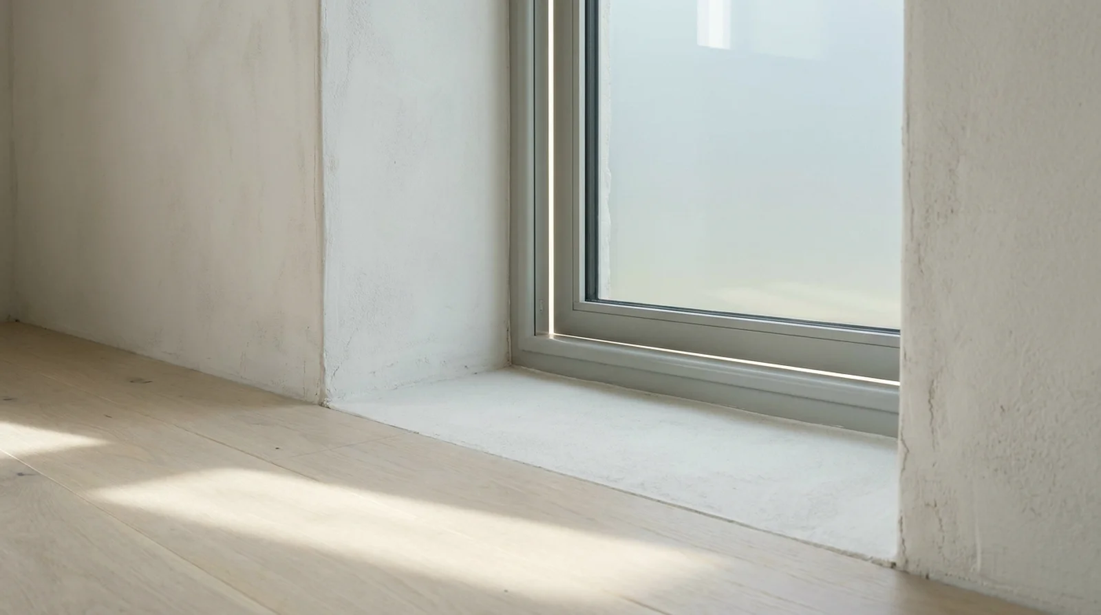 Close view of a pale steel window frame corner, daylight along its edge.
