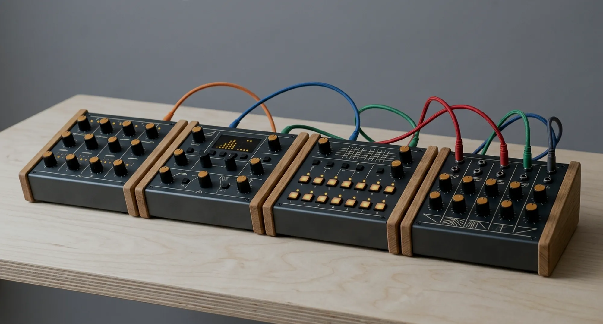 Four Oscilla instruments side by side on a birch bench, joined by slack coloured patch cables.