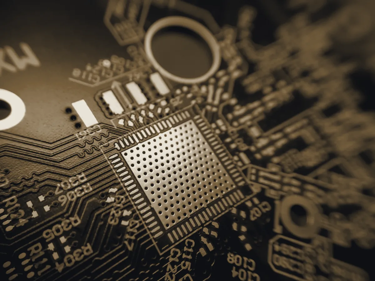 Macro of a populated circuit board, tracks and pads in close focus.