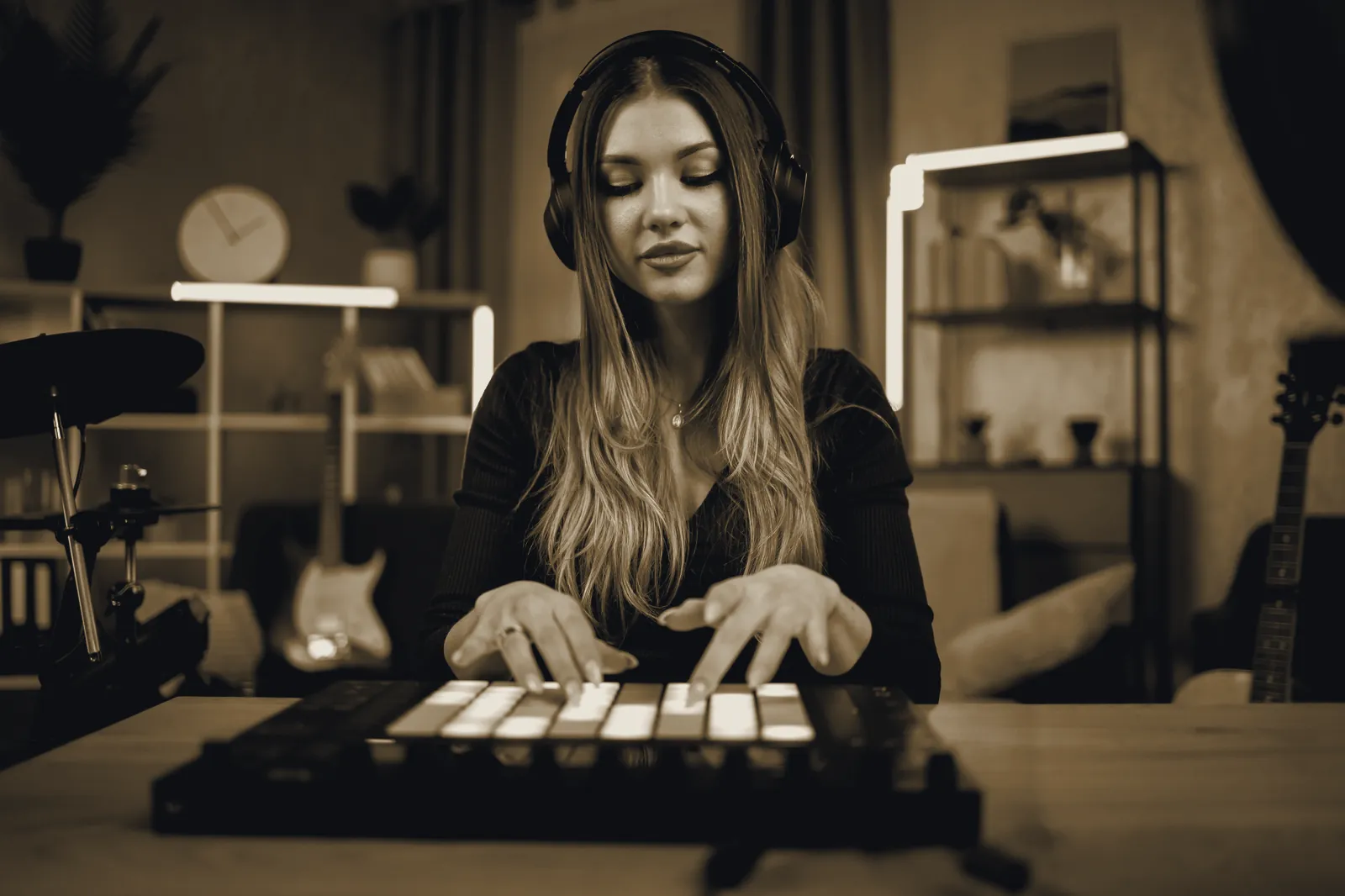 A player at a bench of instruments in a low-lit room, hands resting on a pad controller.