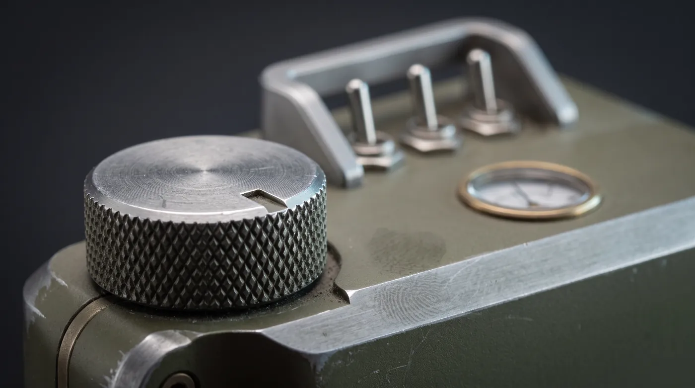 Macro photograph of the knurled aluminium dial, the three toggle switches under their guard rail and the small analogue gauge.