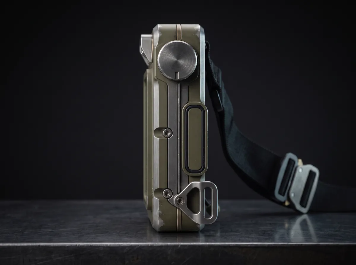 The terminal stood on its edge, showing the full thickness of the case, the seam line, hex fasteners, a sealed port cover and the strap lug.