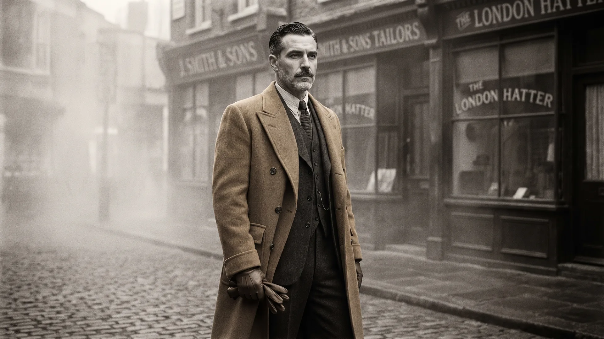 A man in a long camel overcoat and three-piece suit stands on a foggy 1930s London street, gloves in hand.