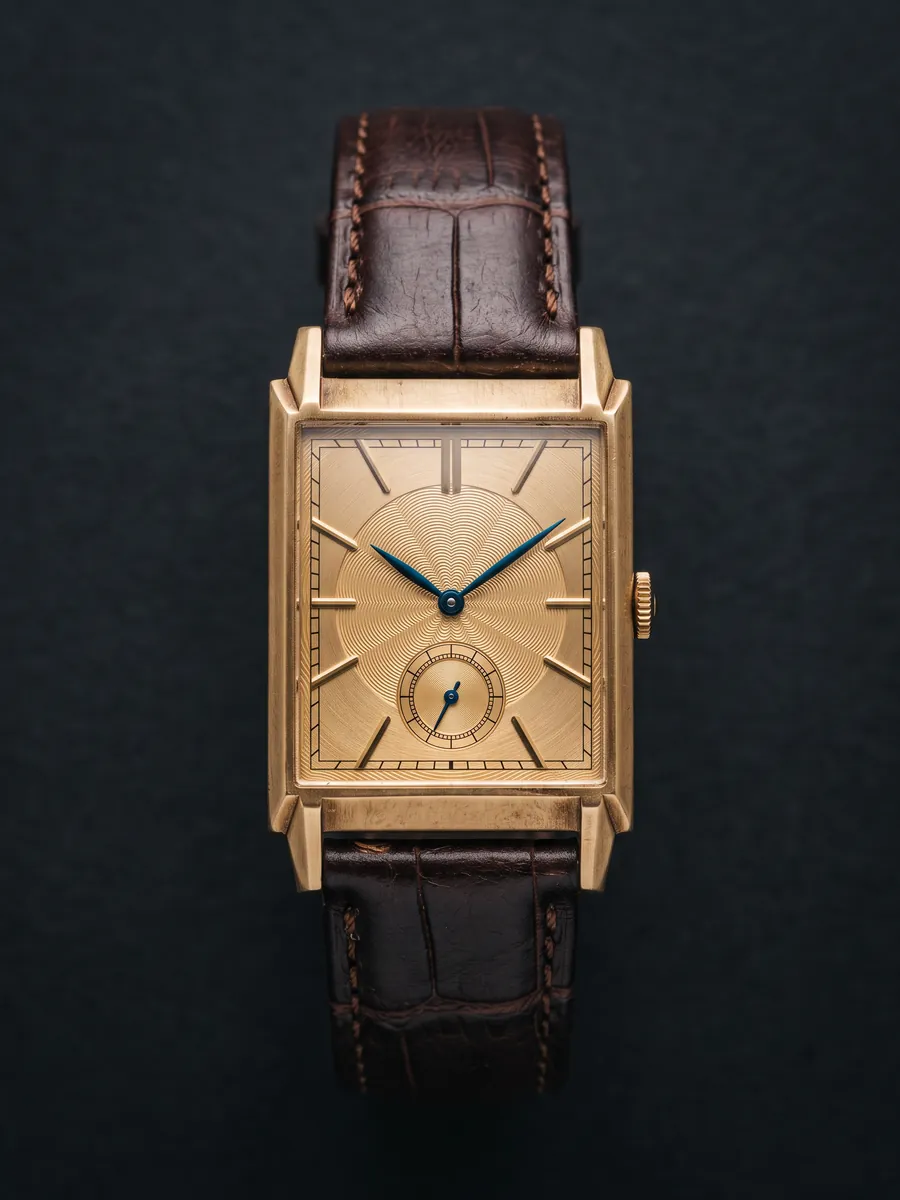 The Centenary 1926 Champagne: gilt case, champagne sector dial, espresso strap.