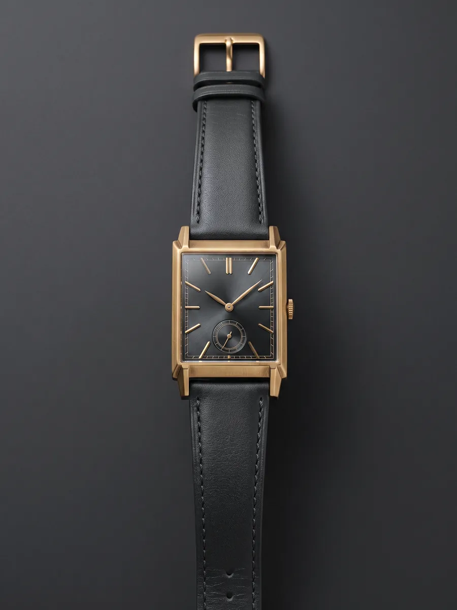 Centenary 1926 Gris Fumé: gilt tank case, smoked slate dial, slate strap.