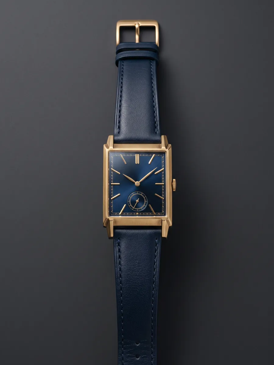Centenary 1926 Bleu Minuit: gilt tank case, midnight-blue sunray dial, navy strap.