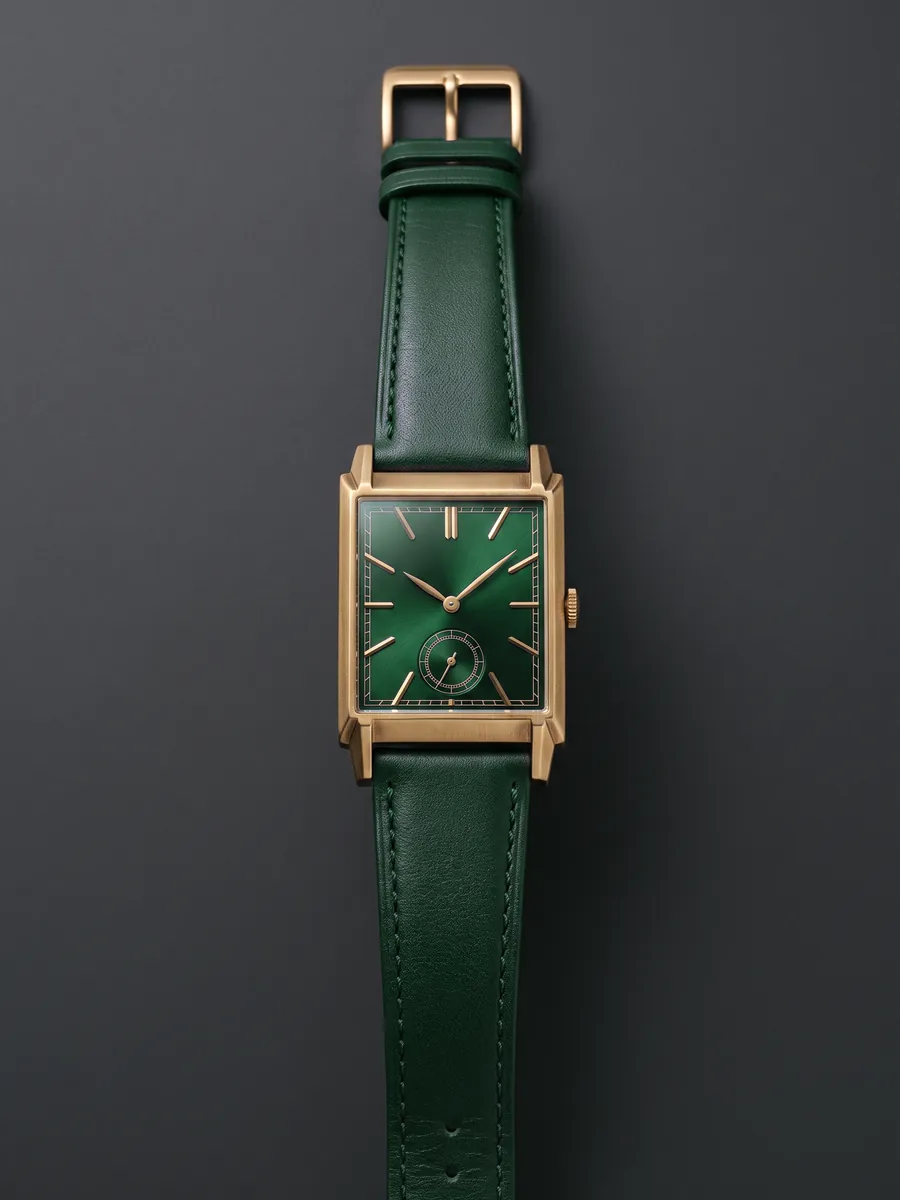 Centenary 1926 Vert Empire: gilt tank case, deep green sunray dial, green strap.