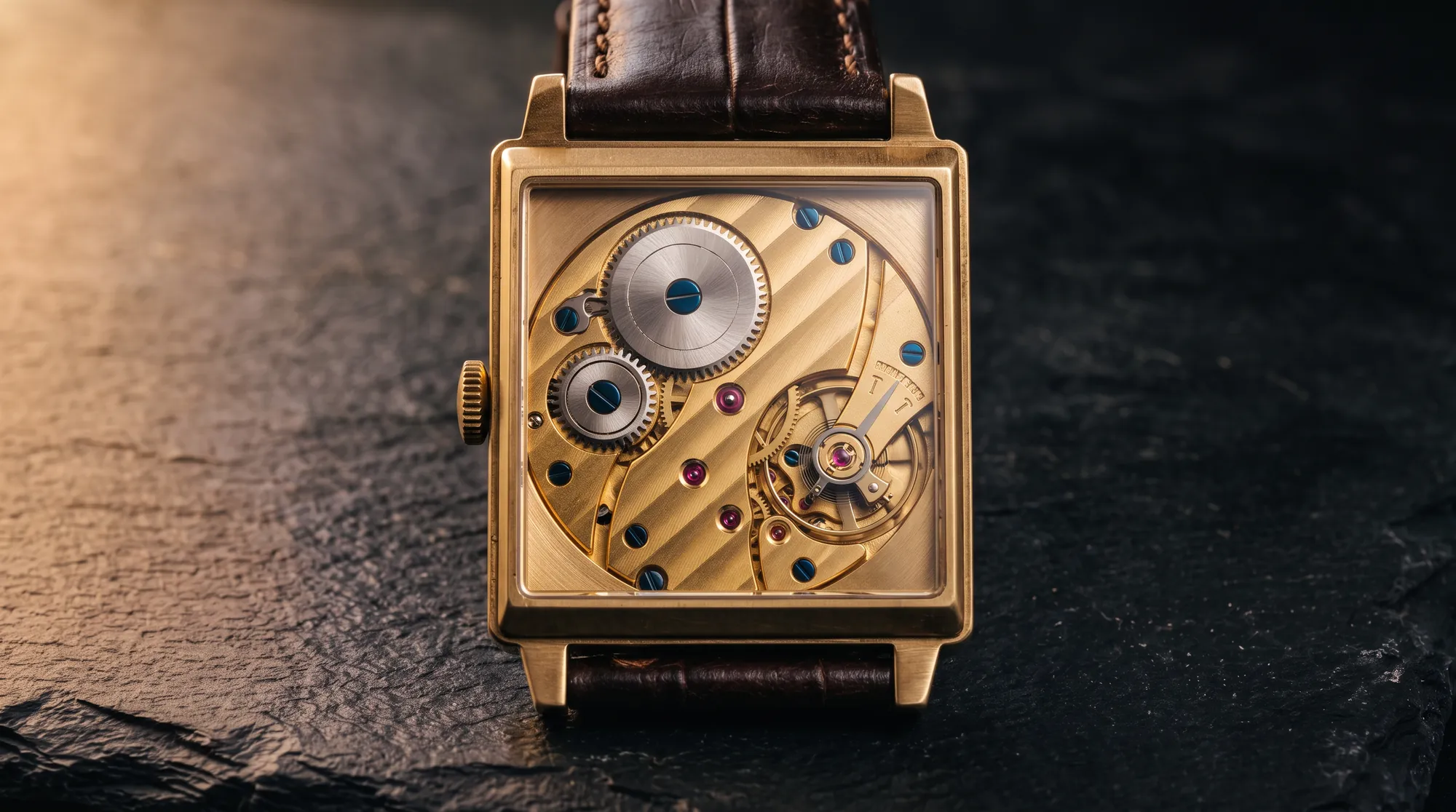 The exhibition caseback: gilt bridges with Geneva stripes, a balance wheel, blued screws.